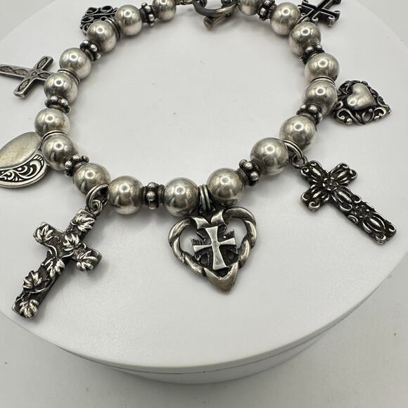 Vintage 925 sterling silver beaded crosses hearts charms bracelet 29g - Picture 2 of 8